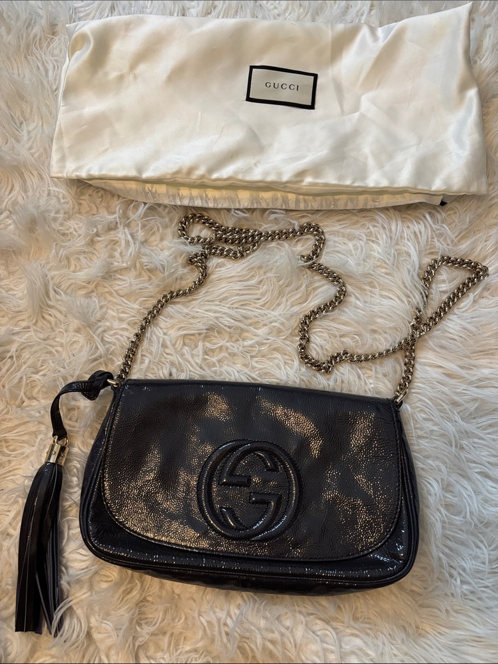 Gucci Navy Blue Medium Patent Leather Chain Bag with Tassel